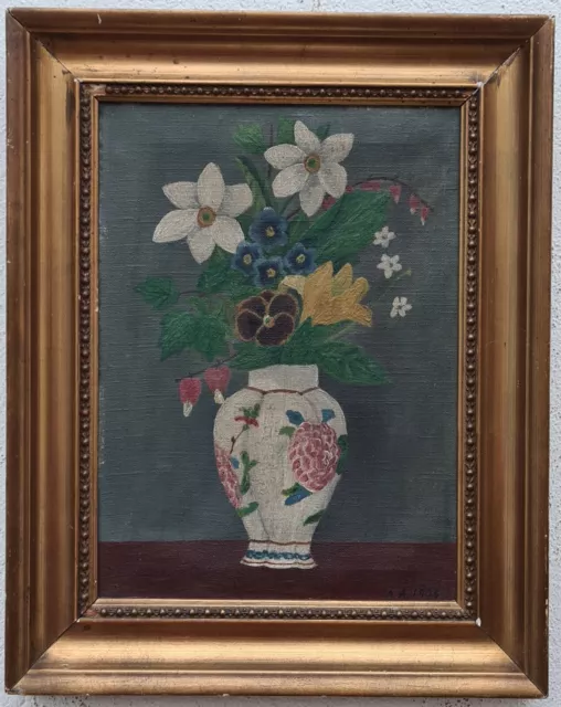 von A. A. 1908 Jahr Ölgemälde mit Rahmen Malerei Oil Painting Stillleben Blumen