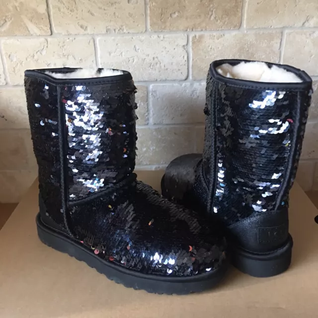 UGG Classic Short Black Sparkles Sequin Sheepskin Boots Size US 7 Womens