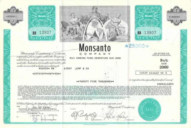 25000 Shares Monsanto  Stock Certificate Debenture