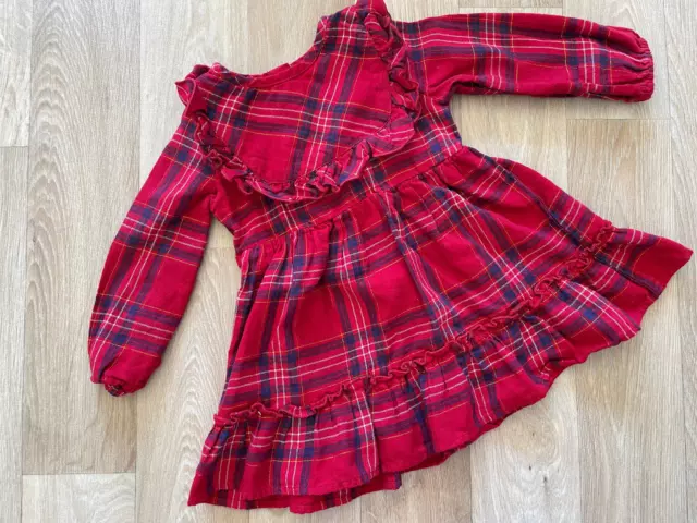 Baby Girl 9-12 months F&F Red Checked Long Sleeve Dress with Ruffles Gold Thread