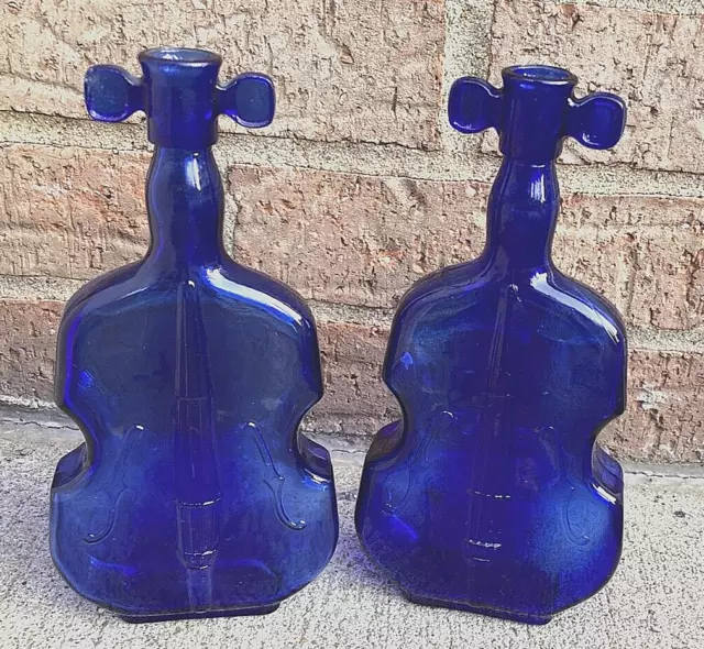 Vintage Cobalt Blue Glass Bottle Bass Cello Fiddle Violin Vase 8" Tall Decor