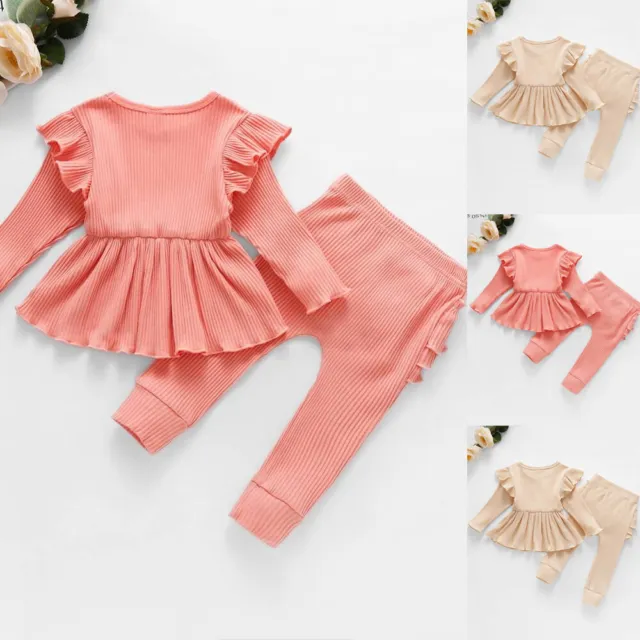 Toddler Kids Baby Girls Clothes Set Ruffle Ribbed Long Sleeve Tops+Pants Outfits