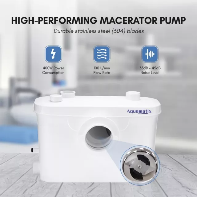 Aquamatix Macerator Pump 400W Quiet 100L/min with Carbon Filter for Toilet Sink 2