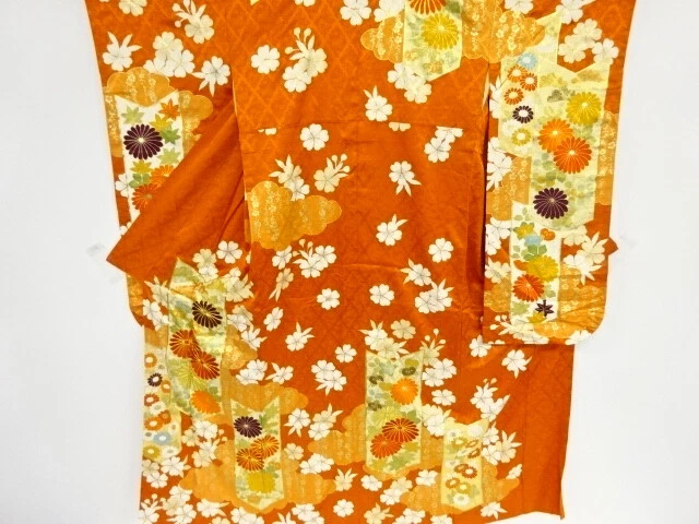 40708# Japanese Kimono / Antique Furisode / Embroidery / Kiku