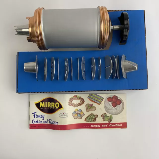 Vintage Used Mirro Aluminum Cookie Pastry Press With 3 Tips & 12 Discs No Box