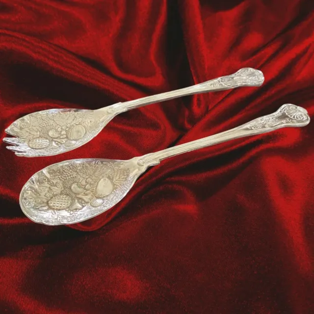 Vintage Silver Plate Repoussé Berry Serving Spoon and Fork Set w/Kings Pattern