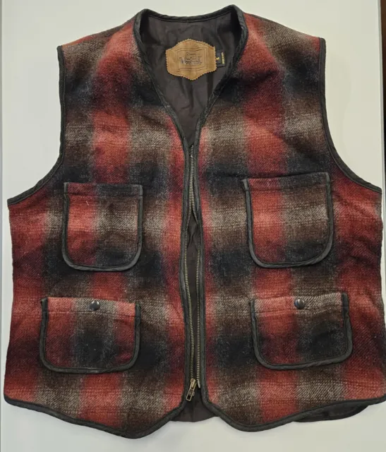 Vintage Woolrich Wool Vest Red Brown Zipper Pocket Medium Plaid