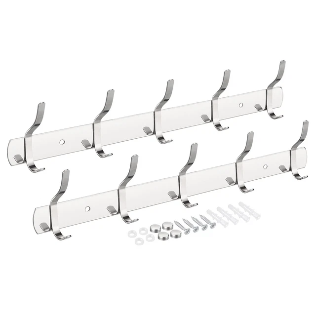 Coat Hook Rack Wall Mounted with 5 Hooks Hook Rail Wall Hangers Silver 2Pcs