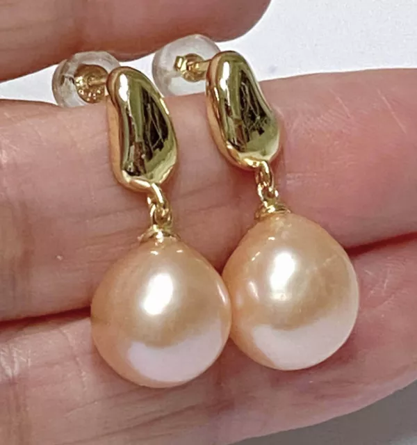 5A Quality 10.5-11mm Edison Peach Gold Pink Round Cultured Pearl Dangle Earrings