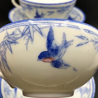 Antique Japanese Cup Saucer Set Of 2 Flow Blue Porcelain Hand painted Birds 3