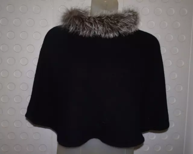 PORTOLANO Black Cashmere Crop Cape with Fox Collar Trim One Size