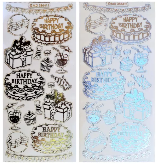 EMBOSSED BIRTHDAY Peel Off Stickers Cake Music Gold or Silver Clear Sticker