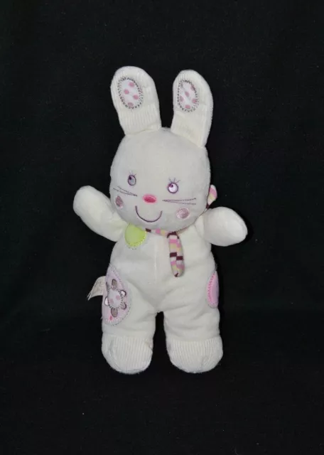 Peluche doudou lapin blanc NICOTOY rose vert écharpe rayée my baby 23/28 cm TTBE