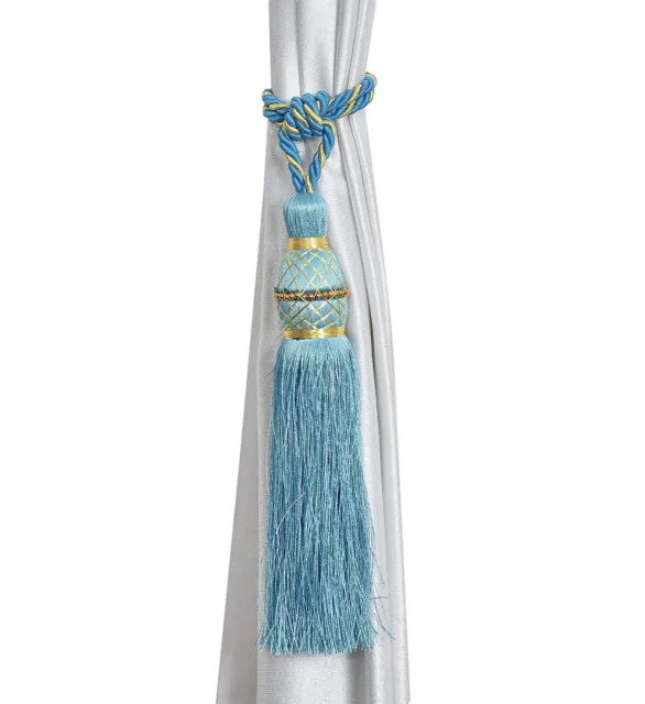 Beautiful Polyester Tassel Rope Curtain Tieback color Aqua Motijal set of 2 Pcs