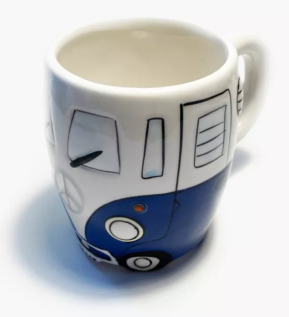 Blue VW Van Mug Hand Painted Retro Hippie Peace Ceramic 3-D Details Coffee Cup