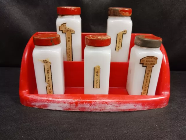 Vtg.~1940s GRIFFITHS Milk Glass SPICE JARS (5pc)~ Red Caps & RACK Table/Wall