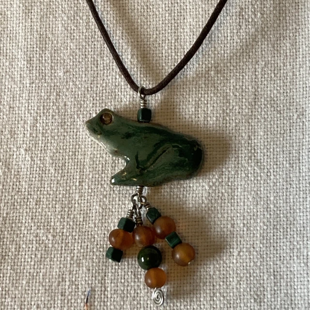 Ceramic Painted Frog Pendant Beads Cord Necklace Handmade