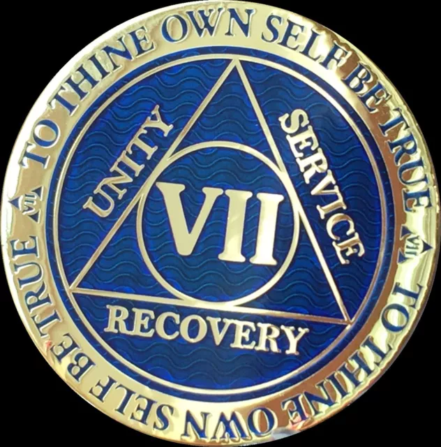 7 Year AA Medallion Blue Gold Plated Alcoholics Anonymous Sobriety Chip Coin