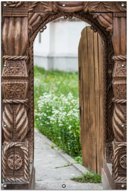 Wallario Garten Bakon Poster Zaun Sichtschutz wetterfest - Offene alte Pforte
