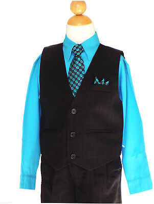 Boys Recital Wedding Vest Suit Set ,Black/ Turquoise, Sz:: 2T to 14