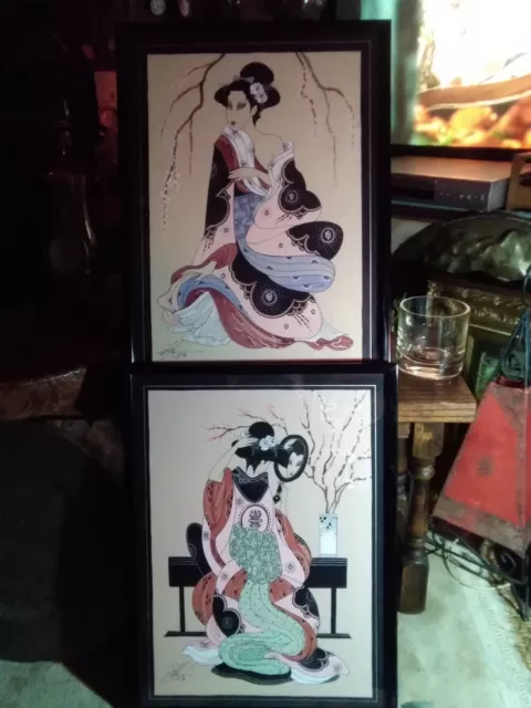 Chinese pictures of Geisha Girls, pair good colours, signed framed and glazed.