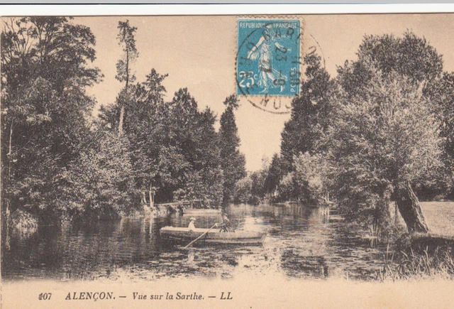ALENCON 107 LL vue sur la sarthe barque timbrée 1927