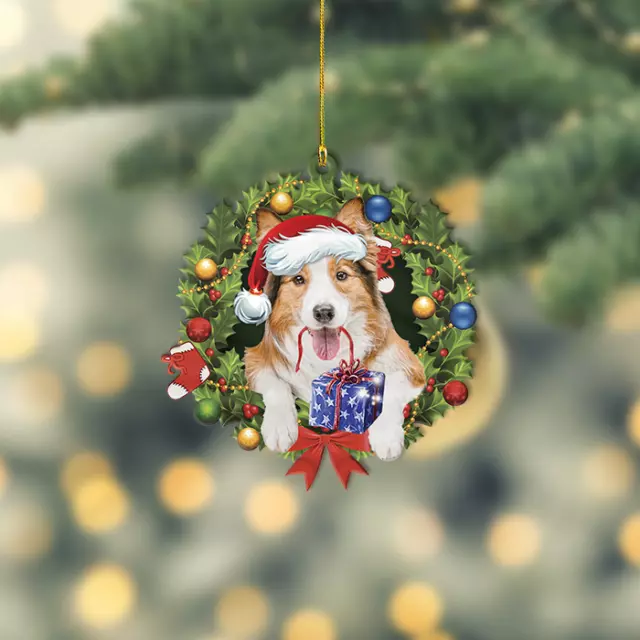 Shetland Sheepdog Christmas Wreath Ornament, Sheltie Dog Christmas Ornament