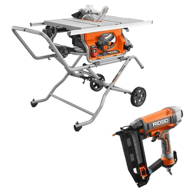 Ridgid 15Amp Portable Jobsite Table Saw+Rolling Stand+16G Straight Finish Nailer