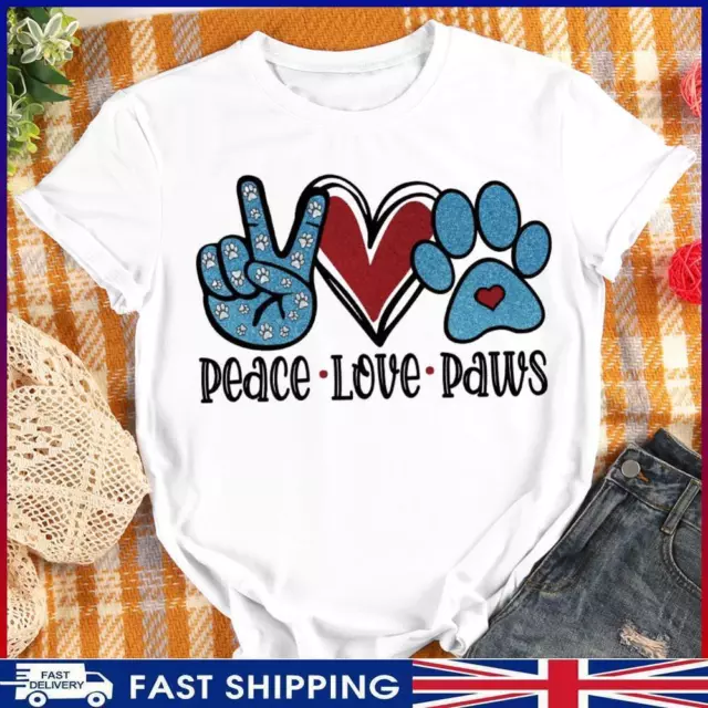 ~ Peace Love Paws T-shirt Women Cartoon Short Sleeve Tee Top (White XL)-05275