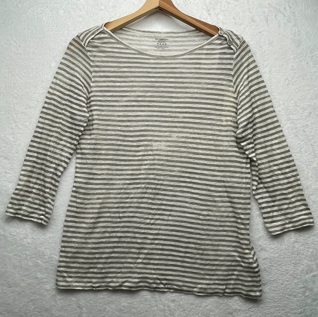 Majestic Filatures Paris Women's 3 Boat Neck Gray Stripe Linen 3/4 Sleeve Top
