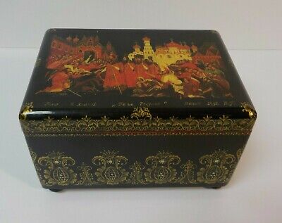 Black Lacquer PAPIER MACHE Hand Painted Russian Box, Signed, Dated 1992