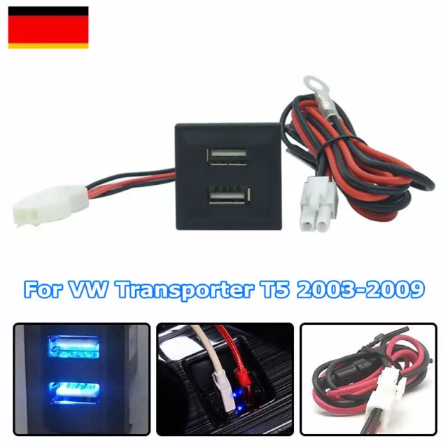 Blau Dual USB-Ladegerät Adapterbuchse für T5 Transporter 2003-2009