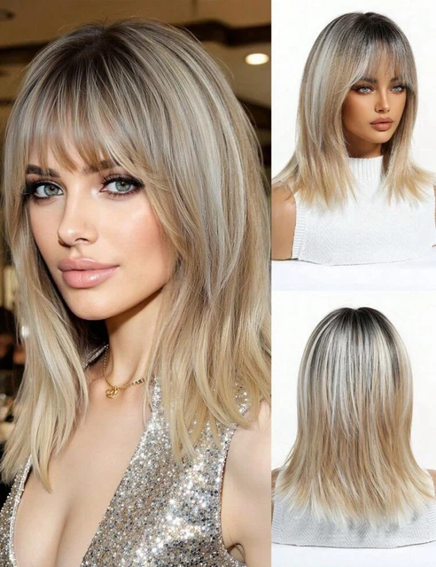 Perruque Synthétique Courte Blond Platine Doré Avec Frange - Bonnet Moyen +4, Neuve