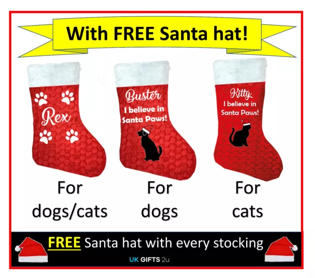 Personalised Christmas Stocking Santa Xmas Pet Dog Cat Red Sack Secret FREE HAT!