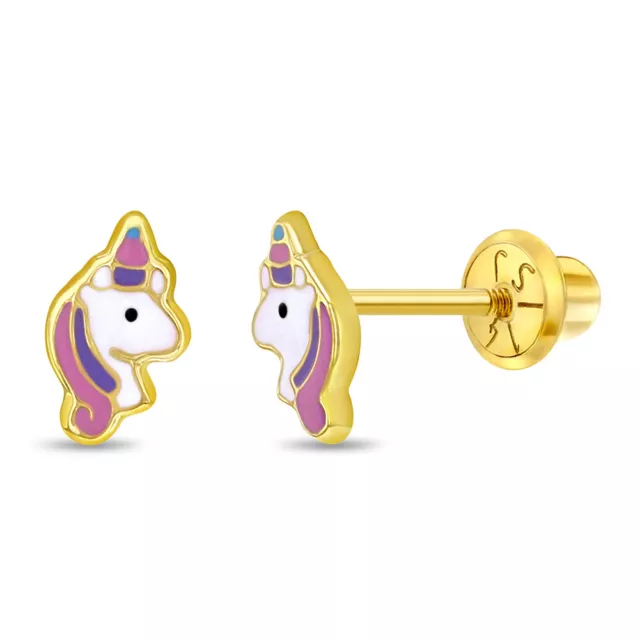 14k Oro Amarillo Pastel Esmalte Unicornio de Rosca Pendientes para Pequeño Chica