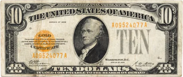1928 Series Ten Dollar Gold Certificate $10 Woods Mellon Signatures