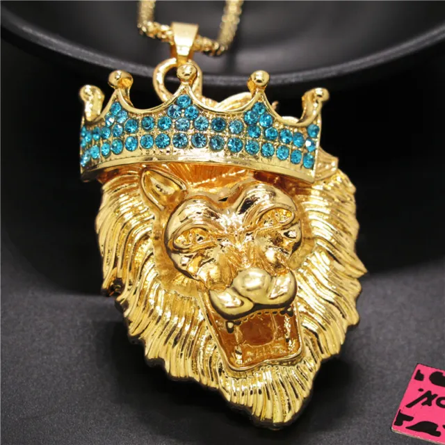 New Betsey Johnson Blue Rhinestone Crown Lion Crystal Pendant Chain Necklace