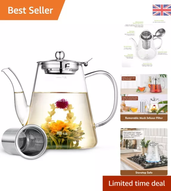 Glass Teapot with Removable Infuser - 1200ml Capacity - Stovetop Safe Tea Kettle