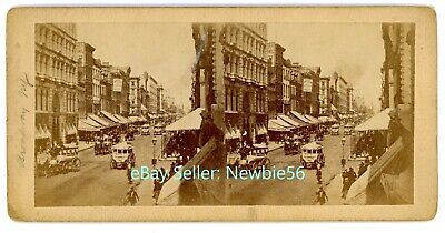 New York City NYC - HORSE DRAWN COACHES ON BROADWAY - c1870s Stereoview