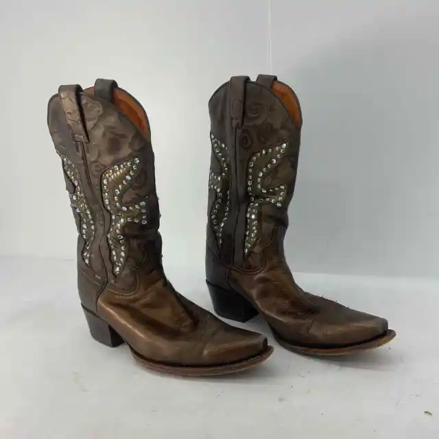 Frye Daisy Duke Brown Leather Swarovski Crystal Western Cowgirl Boots Womens 8M