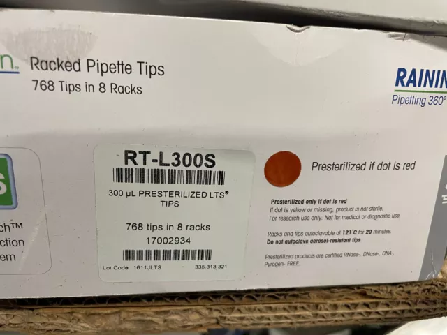 RAININ METTLER TOLEDO RACKED PIPETTE TIPS 300 μL RT-L300S 768 TIPS IN 8 RACKS