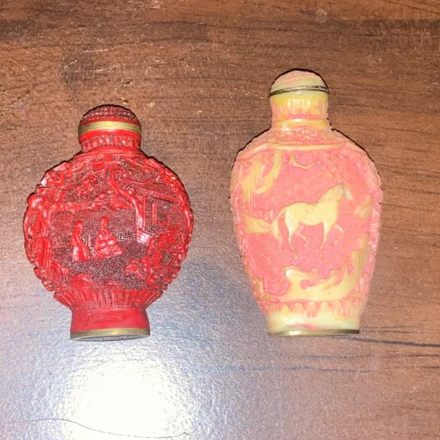 2 Oriental Chinese Vintage Carved Snuff Opium Perfume Bottles Red Pink