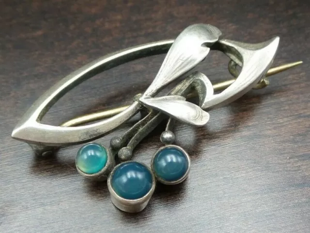 Stunning Antique 1900s Art Nouveau European 800 Silver & Gemstone Brooch