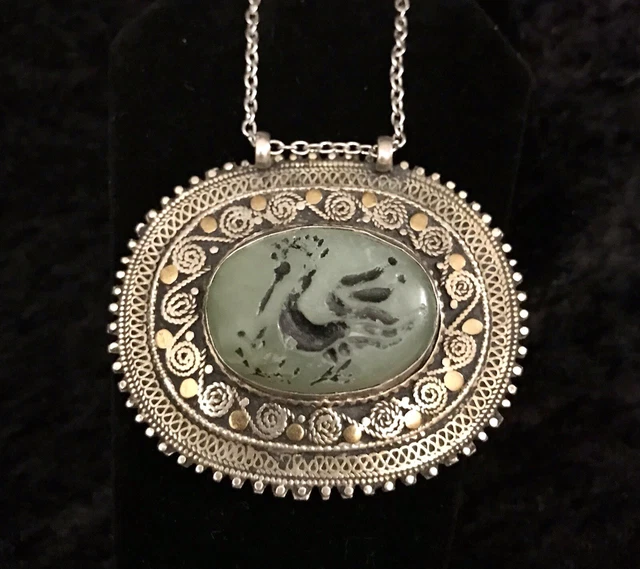 Vintage Large Tibetan Silver Carved Green Stone Bird Pendant Necklace