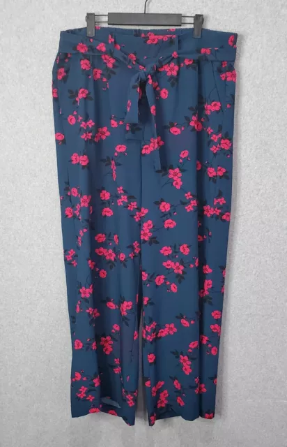 Torrid Wide Leg Pants Belted Size 2X Blue Pink Floral Crepe Flowy With Pockets