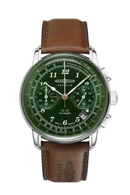Orologio Zeppelin LZ126 Los Angeles Cronograph Quarzo Acciaio Verde Pelle 7614-4