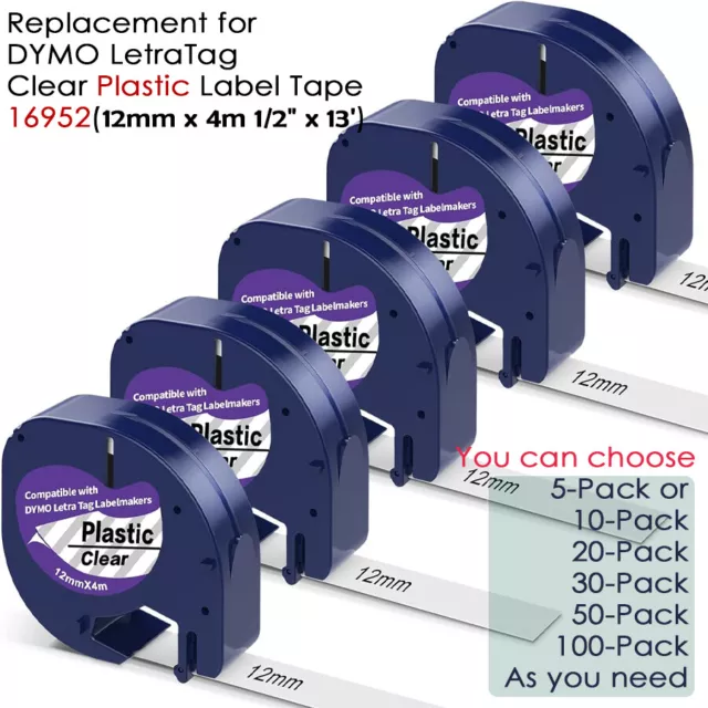 Compatible Dymo Letratag Refill 16952 Plastic Label Tape Clear 12mm LT-100H 1/2"