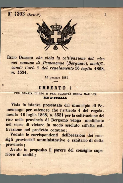 Regio Decreto Bergamo 1887 vieta produzione del riso nel Comune di Pemenengo