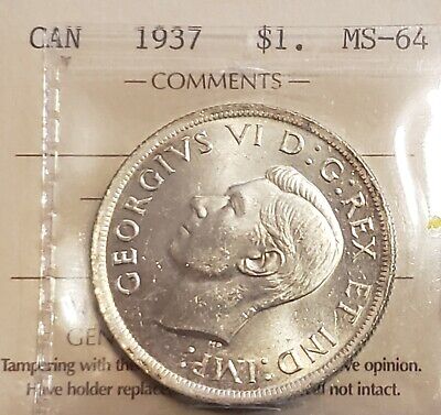 1937 CANADA $1 King George VI Silver One Dollar Coin ICCS Graded: MS-64