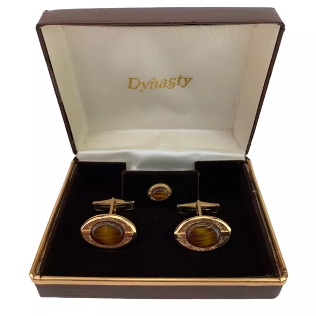 Vintage 1950s Cuff Link Set Boxed 60s Art Slag Glass Gold Tone Dynasty Tie Pin